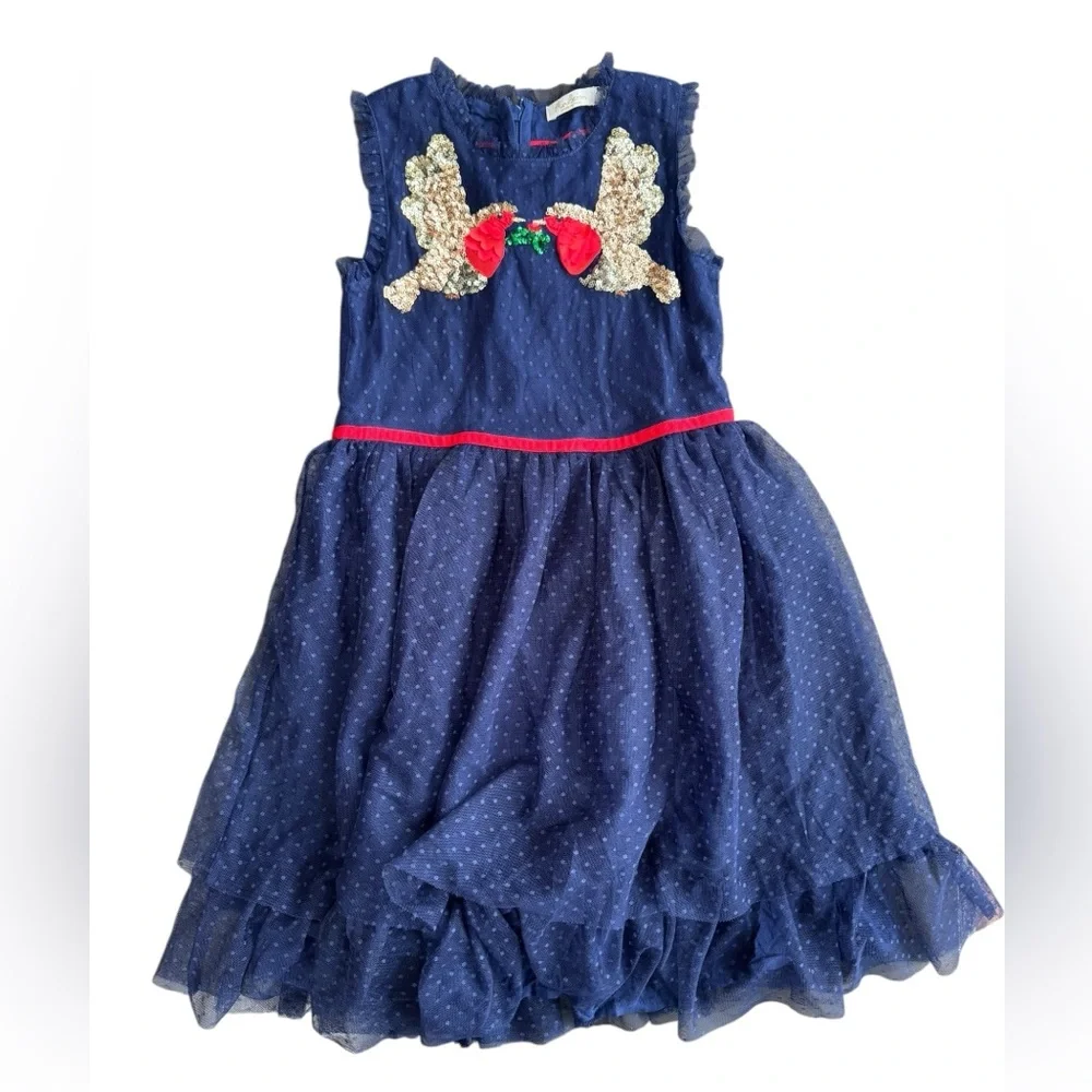 Mini Boden Dove Bird Christmas Tulle Sequin Party‎ Dress Girl Size 7-8